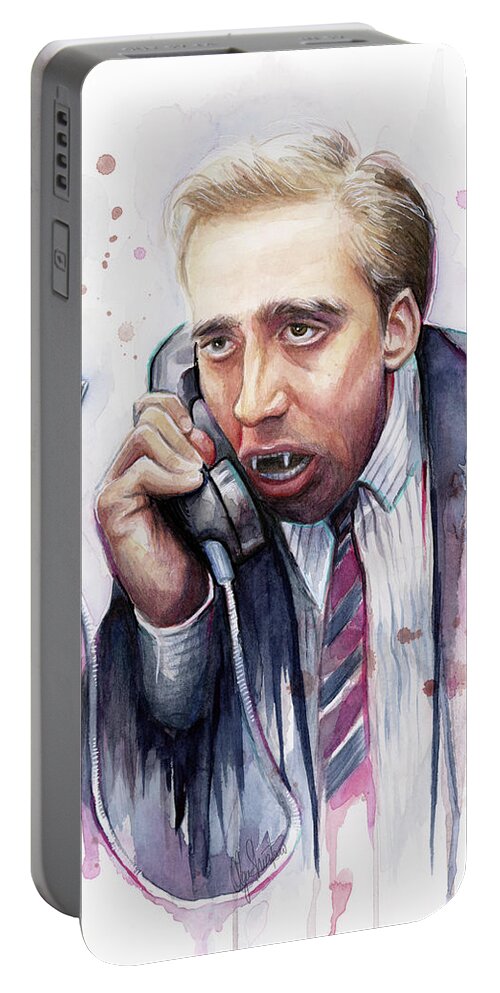 Nicolas Cage Portable Battery Charger featuring the painting Nicolas Cage A Vampire's Kiss Watercolor Art by Olga Shvartsur