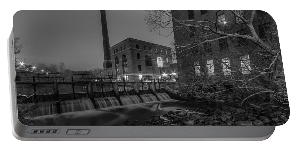 Boston Portable Battery Charger featuring the photograph Night at the River 2 in Black and White by Brian MacLean