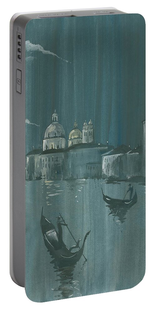 Painting Portable Battery Charger featuring the painting Night in Venice. Gondolas by Igor Sakurov