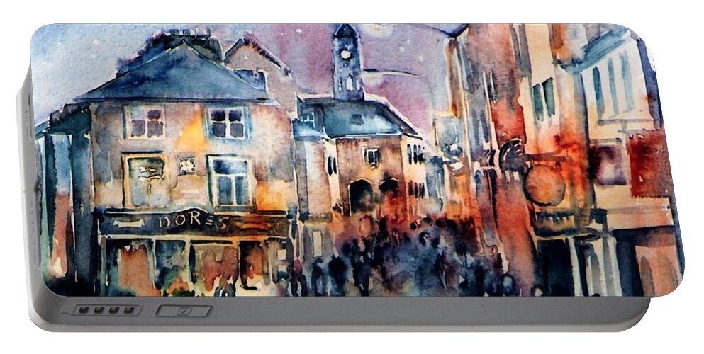 Ireland Portable Battery Charger featuring the painting Nightfall. High St. Kilkenny City Ireland by Trudi Doyle