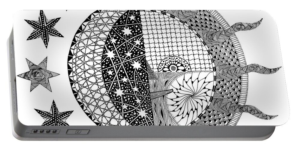 Nightime Portable Battery Charger featuring the drawing Nightime Daytime Tangle by Hazy Apple
