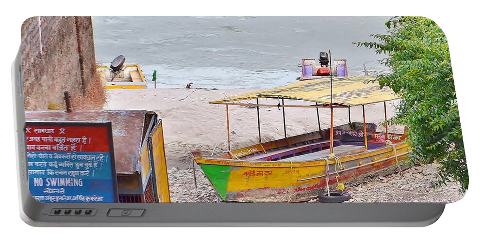 Boat Portable Battery Charger featuring the photograph No Swimming - Rishikesh India by Kim Bemis