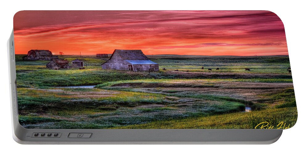 Natural Forms Portable Battery Charger featuring the photograph North Dakota Farm at Sunrise by Rikk Flohr