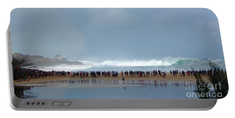 North Shore Hawai Portable Battery Charger featuring the painting North Shore Hawaii Big waves 2016 by Carl Gouveia