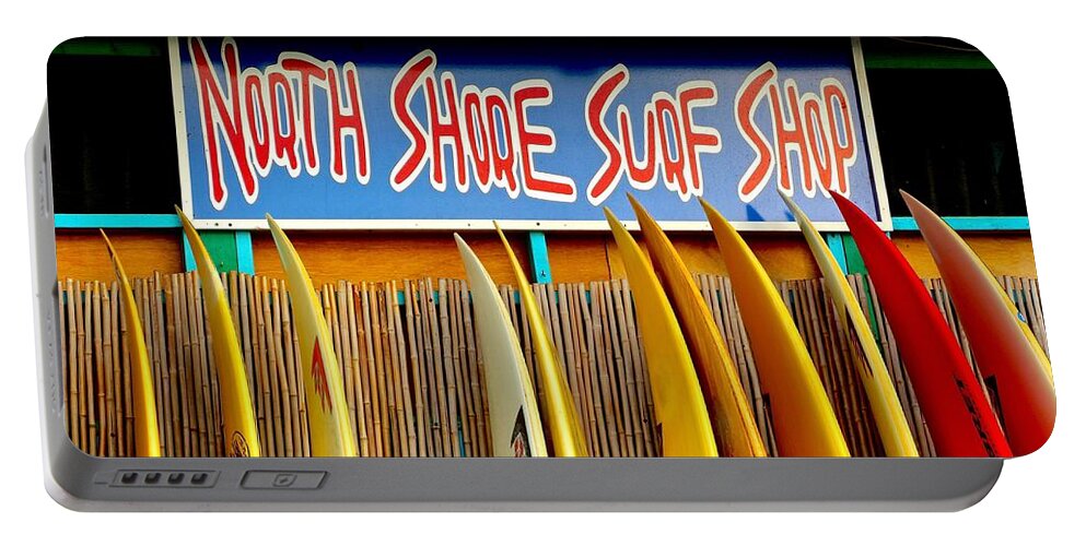 North Shore Portable Battery Charger featuring the photograph North Shore Surf Shop 2 by Jim Albritton