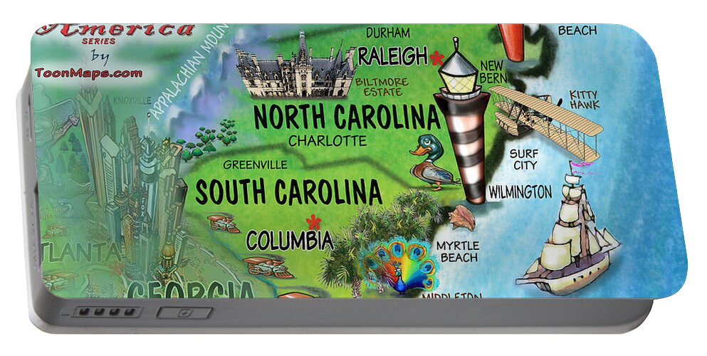 North Carolina Portable Battery Charger featuring the digital art North South Carolina Fun Map by Kevin Middleton