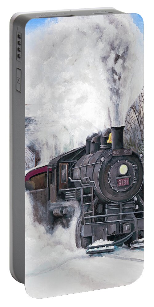 Train Portable Battery Charger featuring the painting Northbound at 35 Below by Joe Baltich