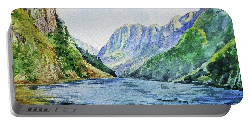Norway Portable Battery Charger featuring the painting Norway Fjord Watercolor Landscape by Irina Sztukowski