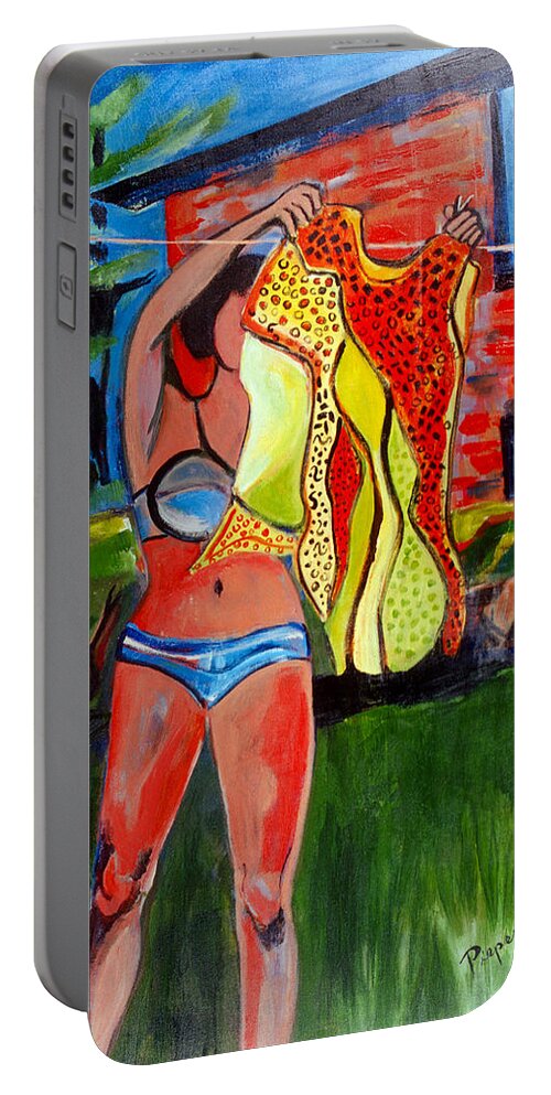 Girl In Bikini Portable Battery Charger featuring the painting Not Your Grandma's Clothes Line by Betty Pieper