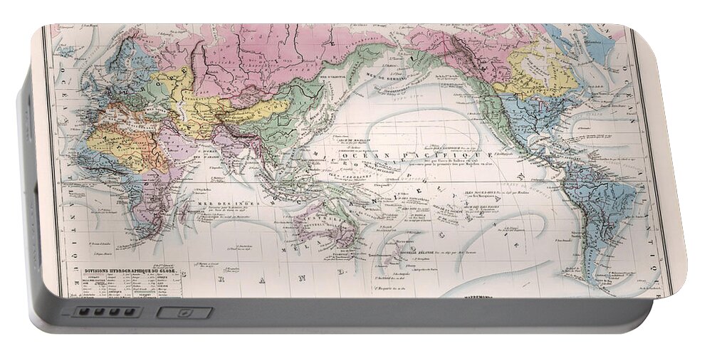 Map Of The World Portable Battery Charger featuring the drawing Nouveau Planisphere - Map of the World - Geographical and Physical Map by Studio Grafiikka