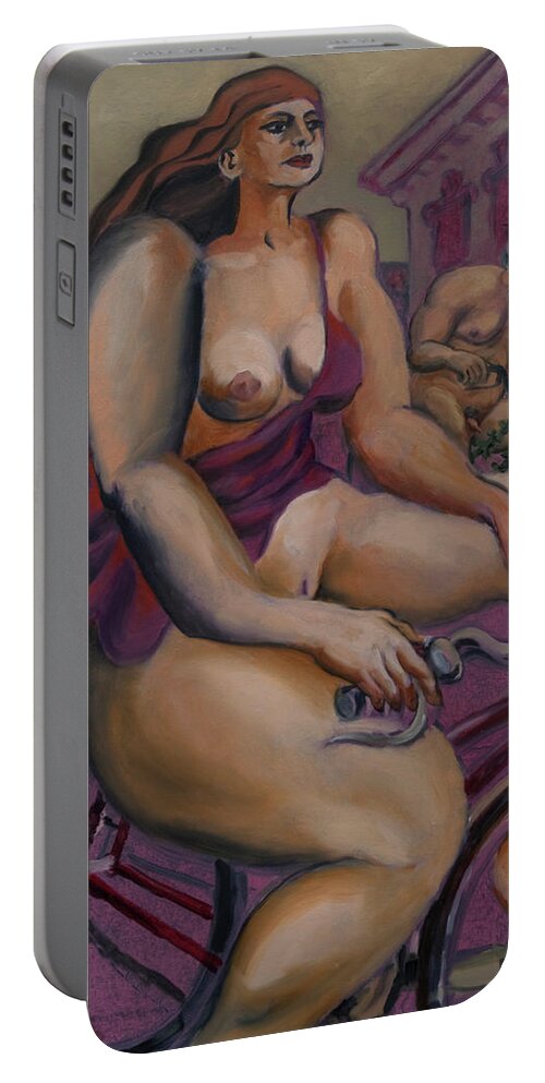 Nudes Portable Battery Charger featuring the painting Nude cyclists with Carracchi Bacchus by Peregrine Roskilly