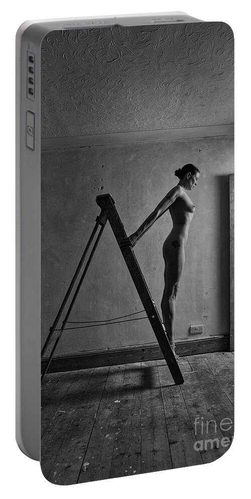 Woman Portable Battery Charger featuring the photograph Nude woman standing on ladder by Clayton Bastiani