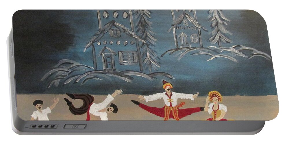 Abstract Christmas Nutcracker Ballet Dance Headresses Music Russia Russian Cossacks Navy Black White Wine Gold Brown Portable Battery Charger featuring the painting Nutcrackers Dance Of Russian Cossacks by Sharyn Winters