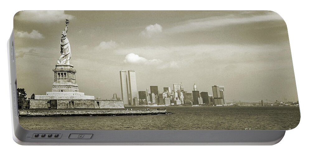 Statue Of Liberty Portable Battery Charger featuring the pyrography NYC Skyline Vintage Style by Benny Marty
