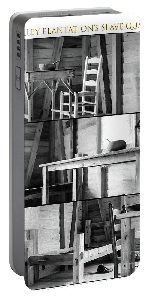 Oak Portable Battery Charger featuring the photograph Oak Alley Slave Quarters - Charcoal Triptych by Kathleen K Parker