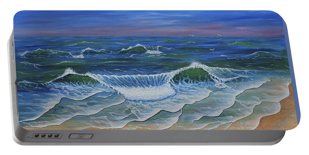 Ocean Waves Portable Battery Charger featuring the painting Ocean Waves Dance At Dawn original acrylic painting by Georgeta Blanaru