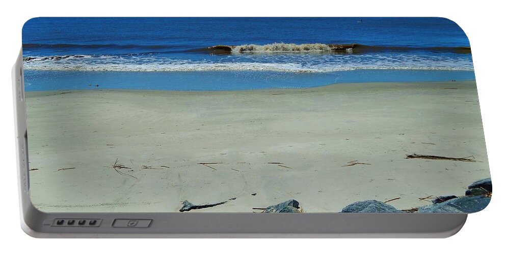 Ocean Sea Beach Waves Sand Rocks Landscape Seascape Nature Sky Blue Horizon Sand Portable Battery Charger featuring the photograph Rocks And Beyond by Jan Gelders