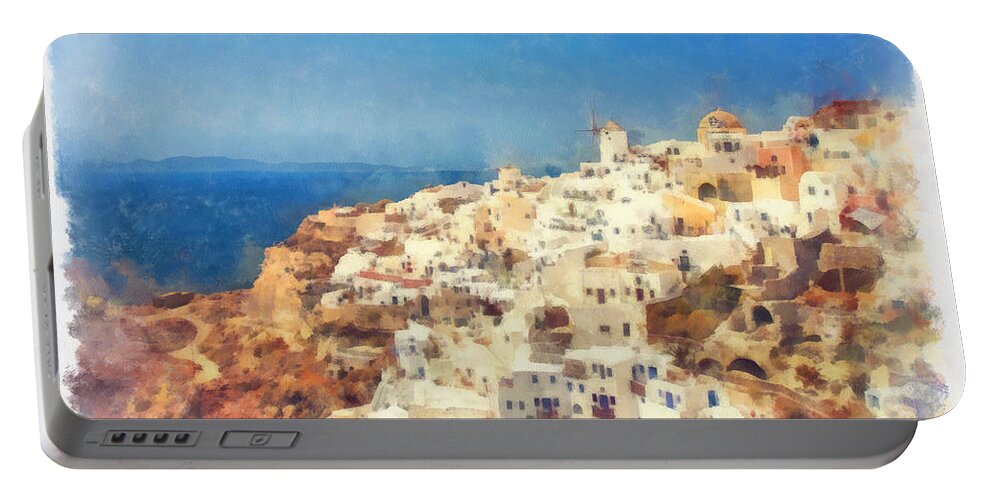 Tourism Portable Battery Charger featuring the photograph Oia watercolour by Sophie McAulay