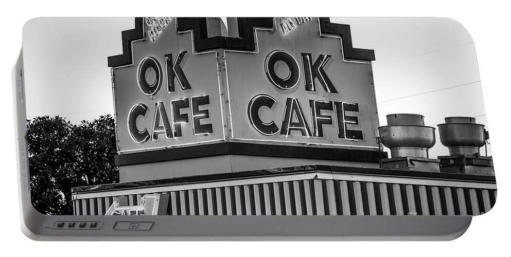 Reid Callaway Atlanta Classic Ok Cafe Portable Battery Charger featuring the photograph OK CAFE Neon 2 B W Atlanta Classic Landmark Restaurant Art by Reid Callaway