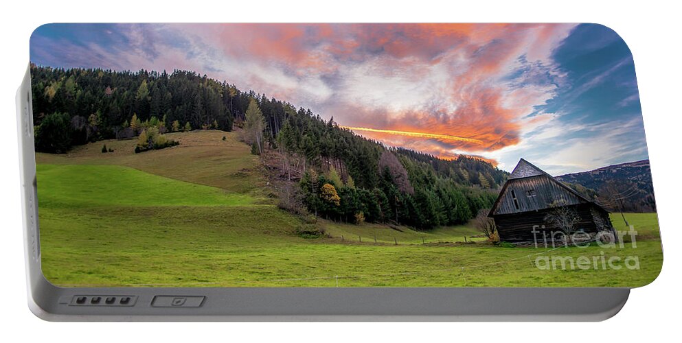 Barn Portable Battery Charger featuring the photograph Old Barn At Sunset With Red Clouds by Andreas Berthold