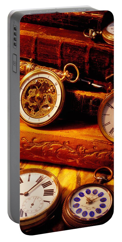 Book Portable Battery Charger featuring the photograph Old Books And Pocket Watches by Garry Gay