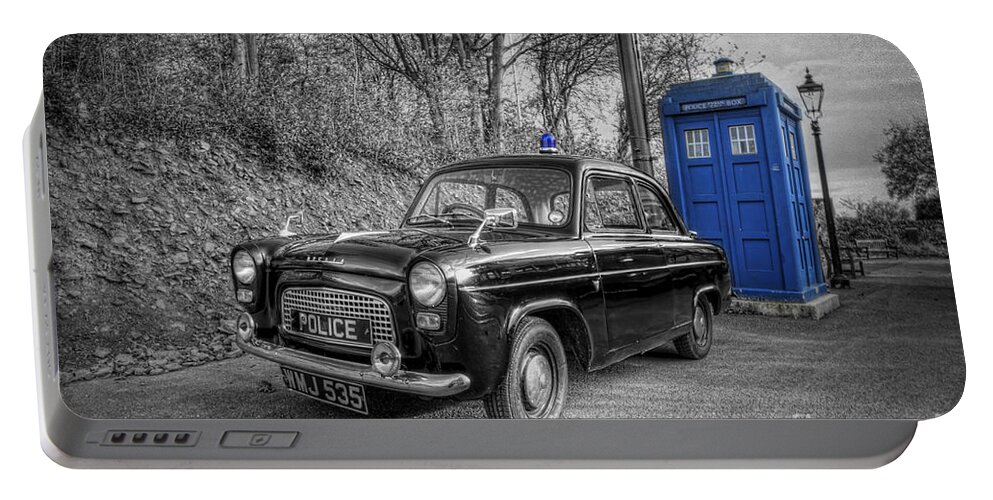 Art Portable Battery Charger featuring the photograph Old British Police Car And Tardis by Yhun Suarez
