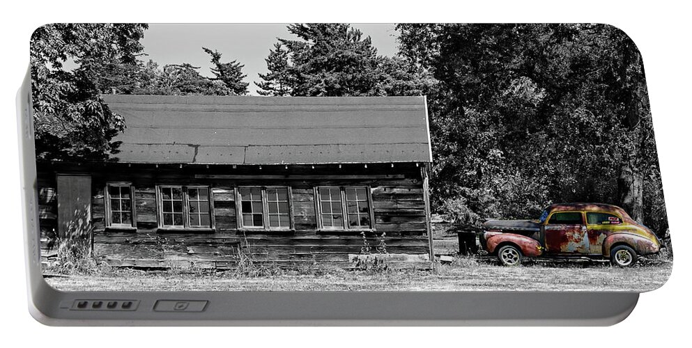 Car Portable Battery Charger featuring the photograph Old Car, Old Garage by Rick Lawler