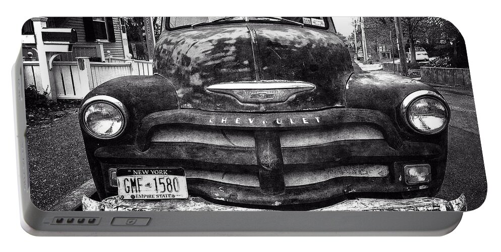 B&w Portable Battery Charger featuring the photograph Old Chevy 2 by Frank Winters
