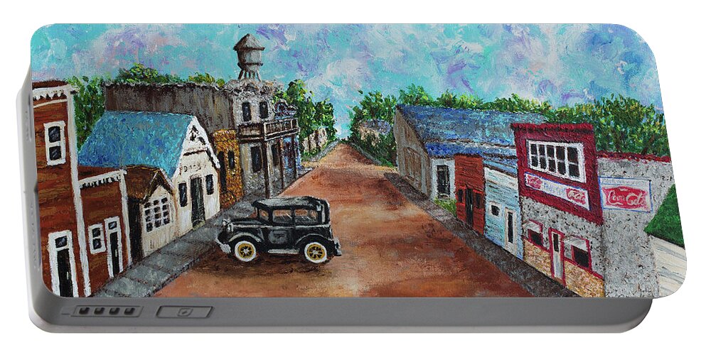 North Dakota Portable Battery Charger featuring the painting Old Downtown by Linda Donlin