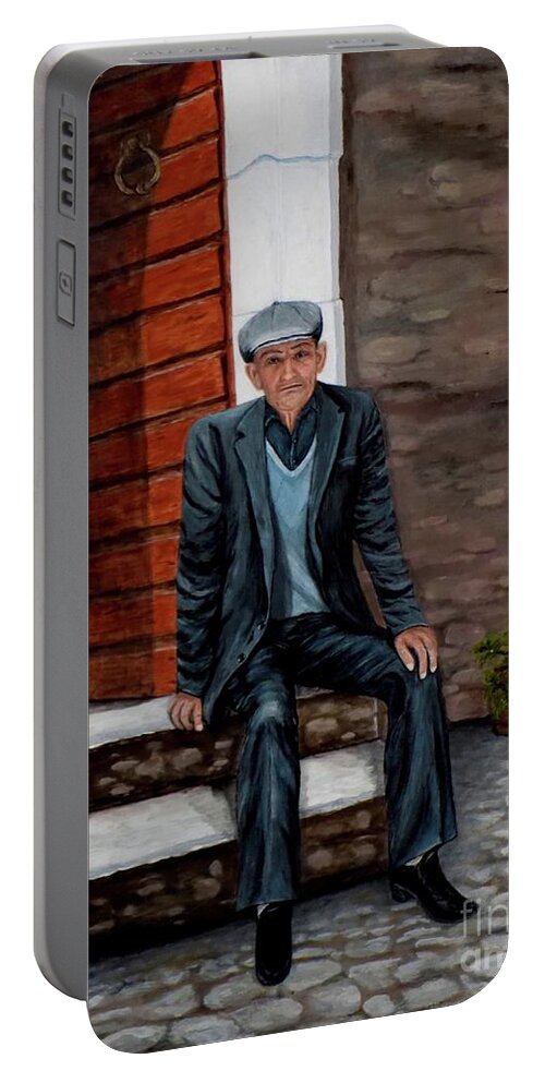 Old Man Portable Battery Charger featuring the painting Old Man Waiting by Judy Kirouac