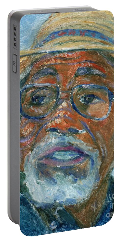 African American Portable Battery Charger featuring the painting Old Man Wearing A Hat by Xueling Zou