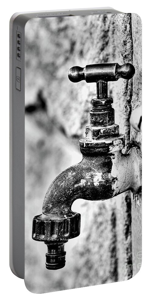 Photography Portable Battery Charger featuring the photograph Old Outdoor Tap - Black and White by Kaye Menner