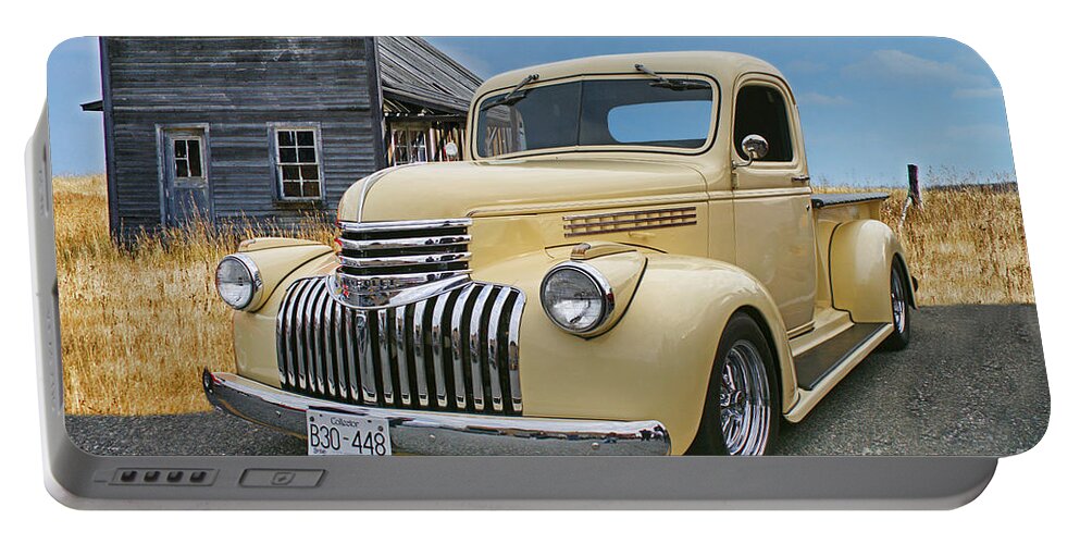 Cars Portable Battery Charger featuring the photograph Old Pick up with the Old Calgary Outbuilding by Randy Harris