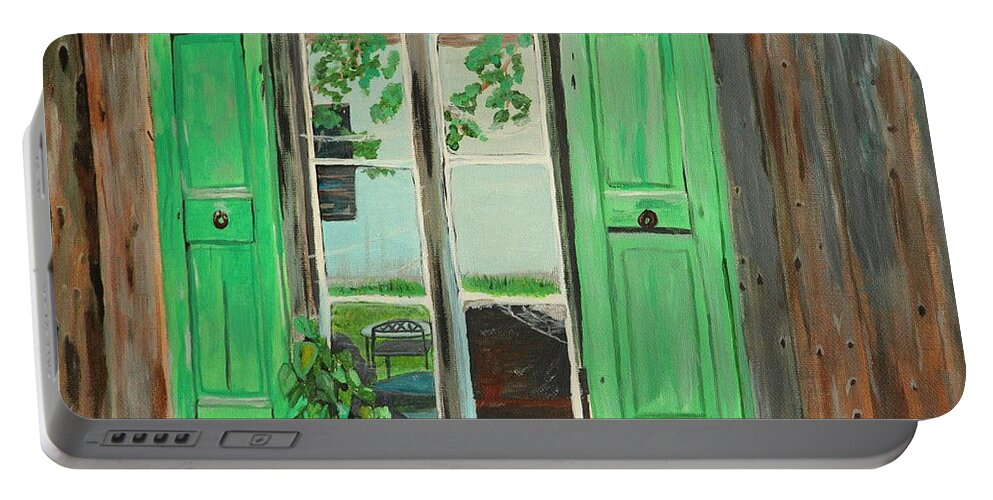 Wood Shed Portable Battery Charger featuring the painting Old Shed by David Bigelow