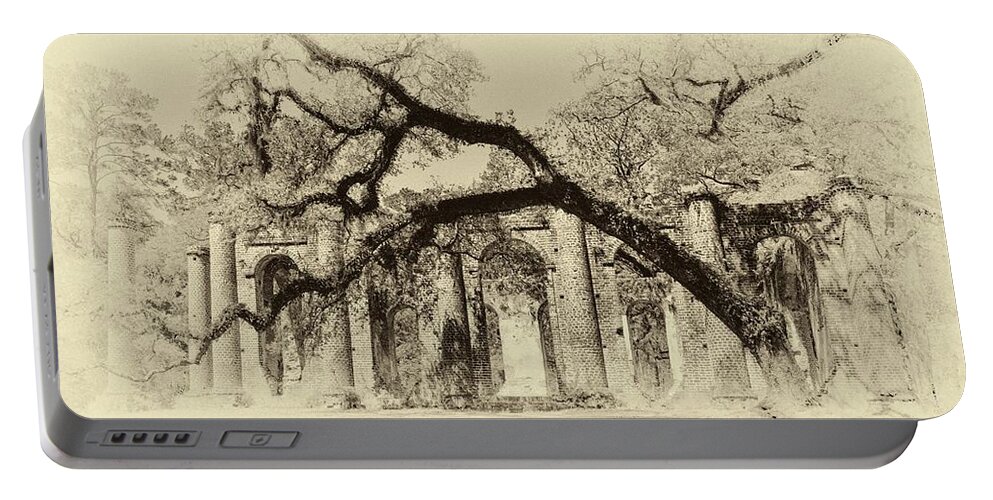 South Carolina Historic Art Portable Battery Charger featuring the photograph Old Sheldon Church Ruins BW by Harriet Feagin