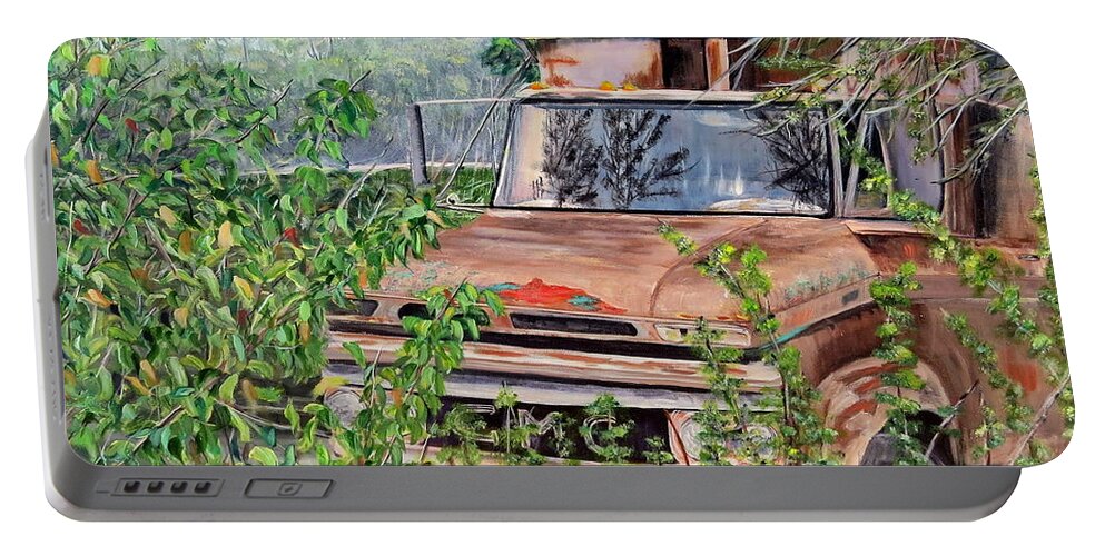 Old Truck Portable Battery Charger featuring the painting Old truck rusting by Marilyn McNish