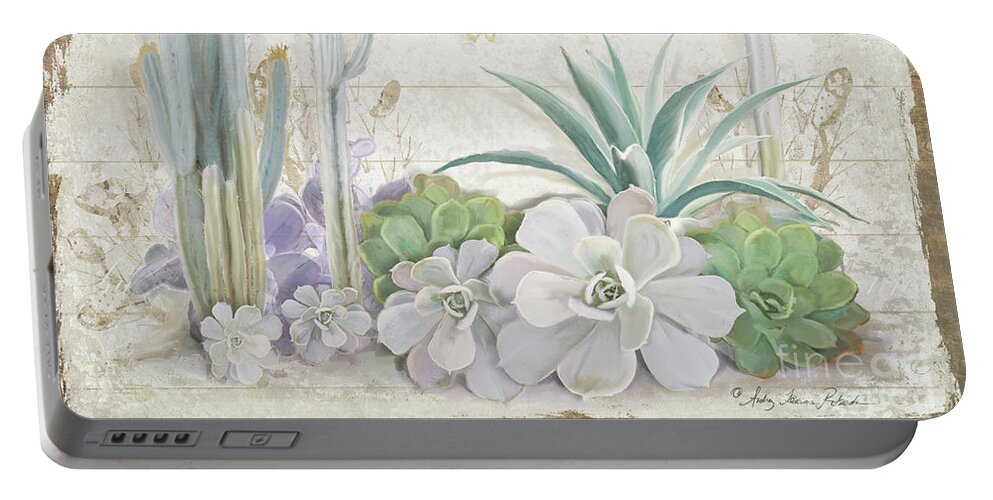 Deer Skull Portable Battery Charger featuring the painting Old West Cactus Garden w Deer Skull n Succulents over Wood by Audrey Jeanne Roberts