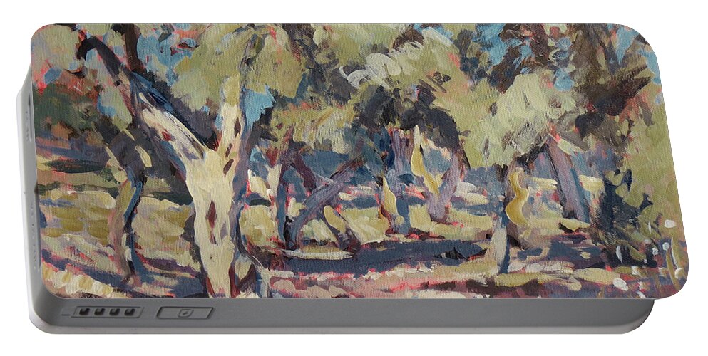 Olive Portable Battery Charger featuring the painting Olive grove along Marmari Beach Paxos by Nop Briex