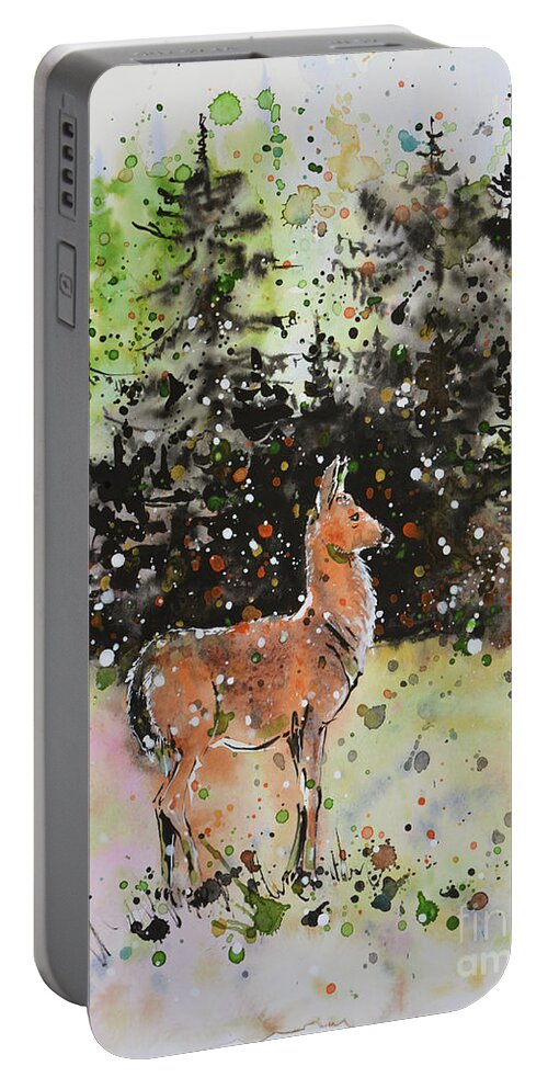 Deer Portable Battery Charger featuring the painting Black-tailed deer in the Hurricane Ridge by Zaira Dzhaubaeva