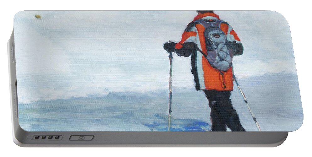 Ski Portable Battery Charger featuring the painting On Frozen Lake by Kerima Swain