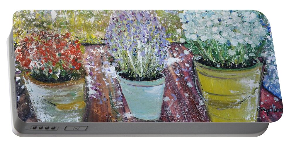 Flowers Portable Battery Charger featuring the painting On Grandma's Porch by Evelina Popilian