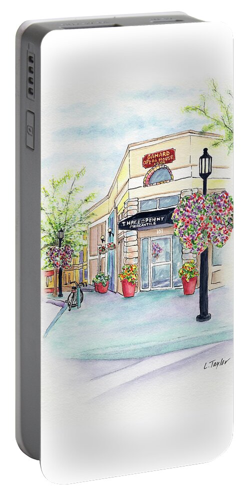 Small Town Portable Battery Charger featuring the mixed media On the Corner by Lori Taylor