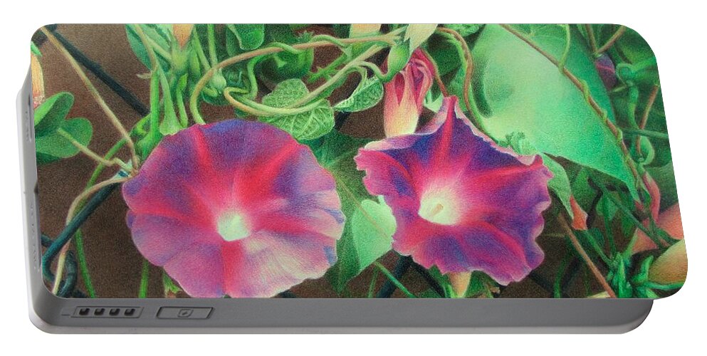 Flowers Portable Battery Charger featuring the drawing On The Fence by Pamela Clements
