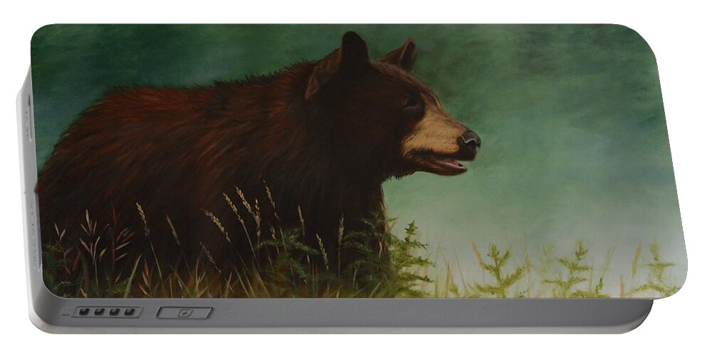 Black Bear Portable Battery Charger featuring the painting On The Hunt by Tammy Taylor