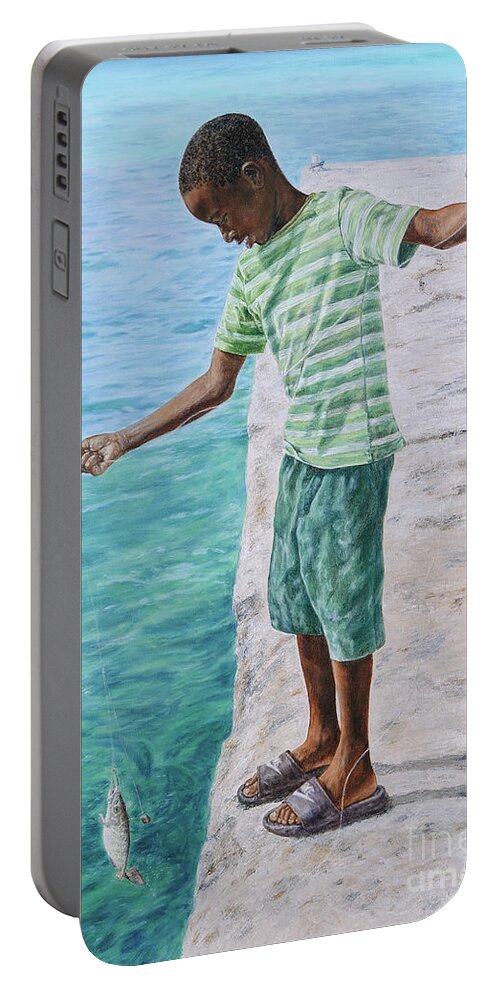 Roshanne Portable Battery Charger featuring the painting On the Line by Roshanne Minnis-Eyma