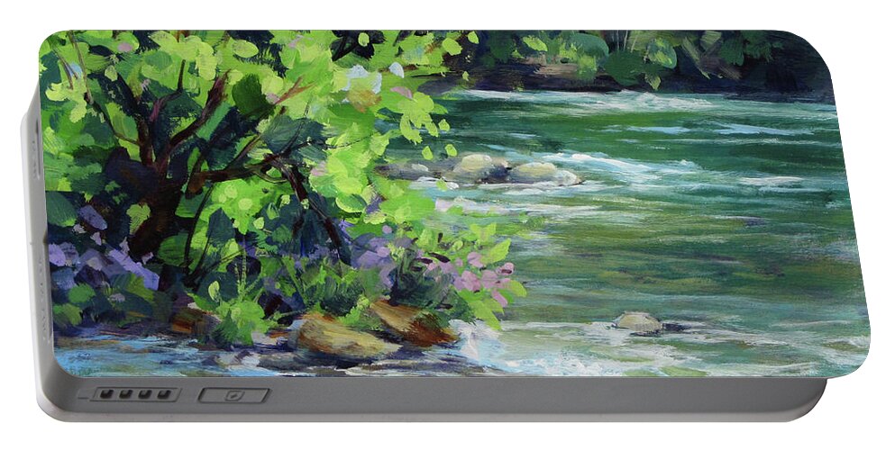 River Portable Battery Charger featuring the painting On the River by Karen Ilari