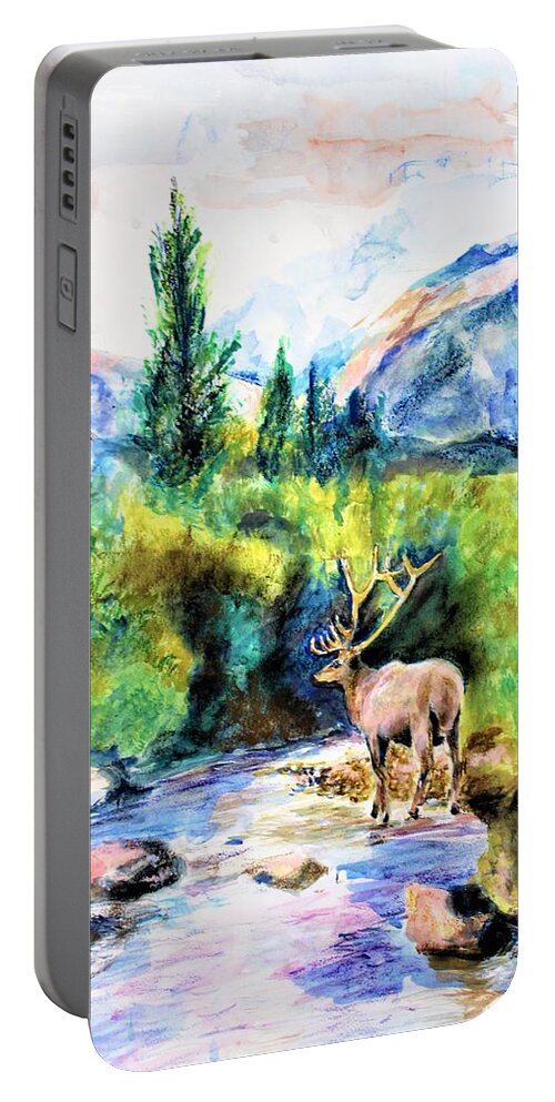 Landscape Portable Battery Charger featuring the mixed media On the Stream by Khalid Saeed