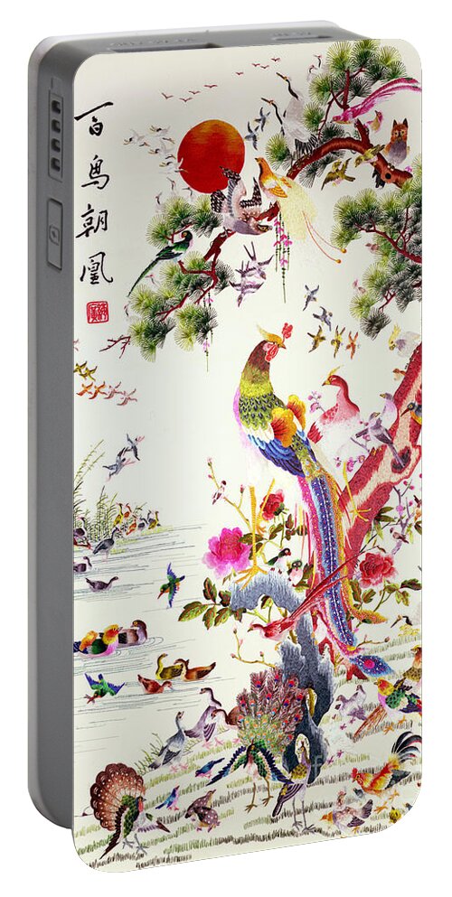 One Hundred Birds With A Phoenix Portable Battery Charger featuring the painting One hundred birds with a Phoenix, Canton, Republic Period by Chinese School