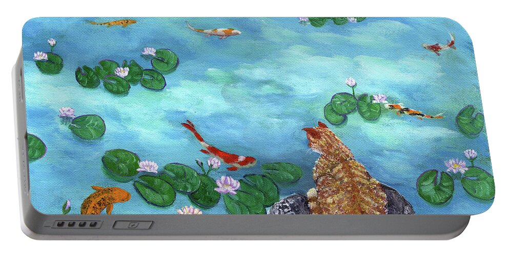 Orange Portable Battery Charger featuring the painting Orange Cat at Koi Pond by Laura Iverson