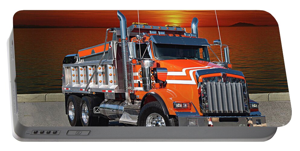 Kenworth Portable Battery Charger featuring the photograph Orange Kenworth Dump Truck by Randy Harris